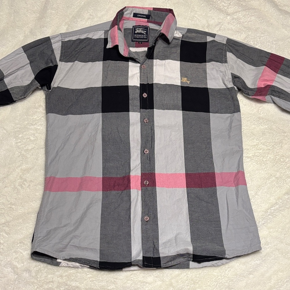 Burberry Men’s Gray, Black and Pink Check Button-Down Shirt